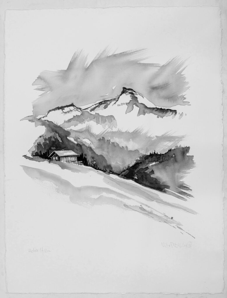 Aquarellzeichnung einer verschneiten Vorarlberger Berglandschaft – Kunst zwischen Heimatgefühl und abstrahierter Natur.