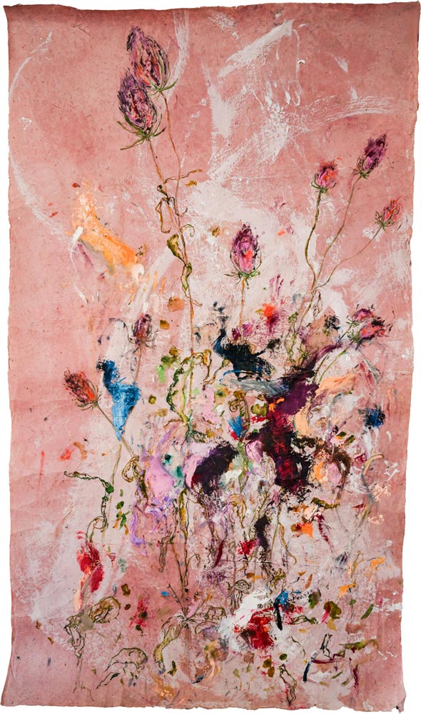 Rosa-abstraktes Gemälde von Ina Fasching mit floralen und organischen Formen, Titel „say your prayers“.