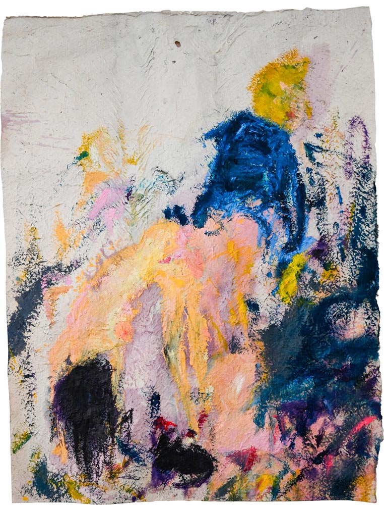 Farbstarkes abstraktes Kunstwerk in leuchtenden Gelb- und Blautönen von Ina Fasching, Titel „side affairs“.